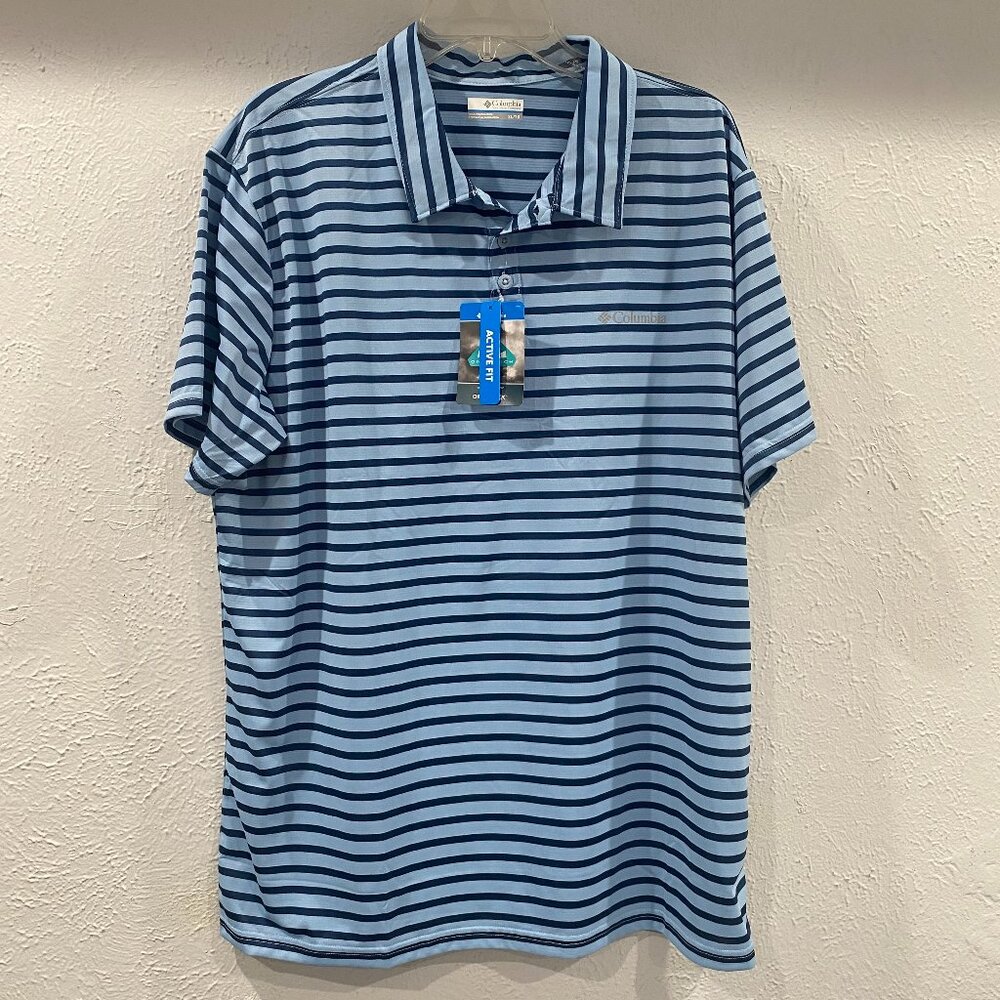 Columbia, NWT, Hiking Striped Polo, men's  size XL, in light blue and navy.